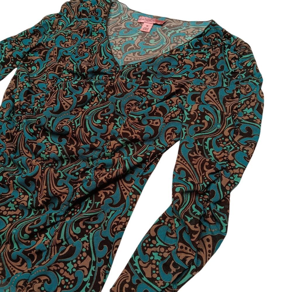 Bandolino Womens Top Size Medium Long‎ sleeve Layered Sheer Brown Green Paisly